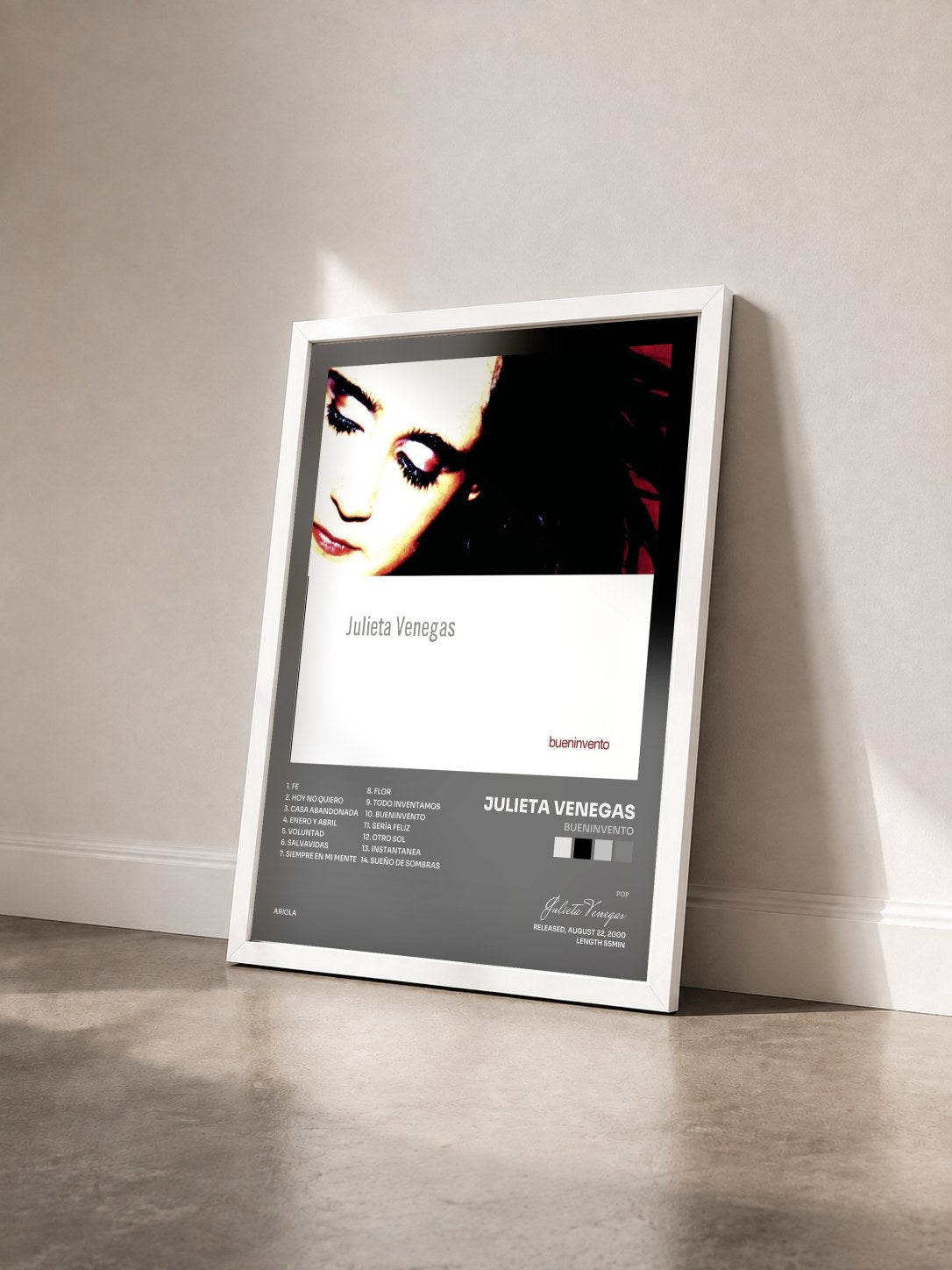 #blanc Tableau de l'album Bueninvento de Julieta Venegas vu de trois quarts, cadre blanc