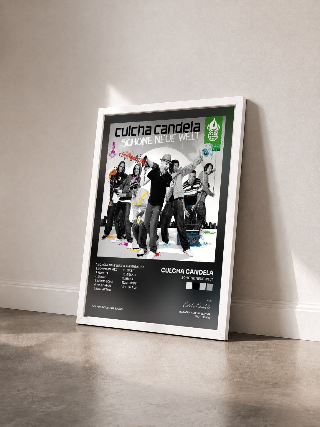 #blanc Tableau de l'album Schöne Neue Welt de Culcha Candela vu de trois quarts, cadre blanc