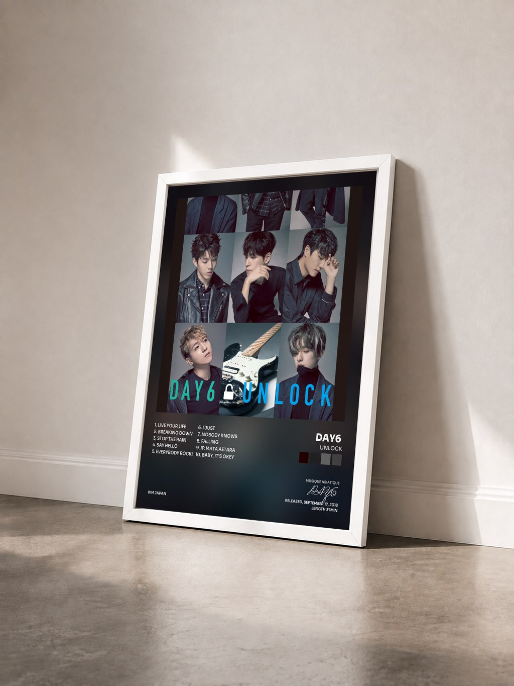 #blanc Tableau de l'album UNLOCK de DAY6  vu de trois quarts, cadre blanc