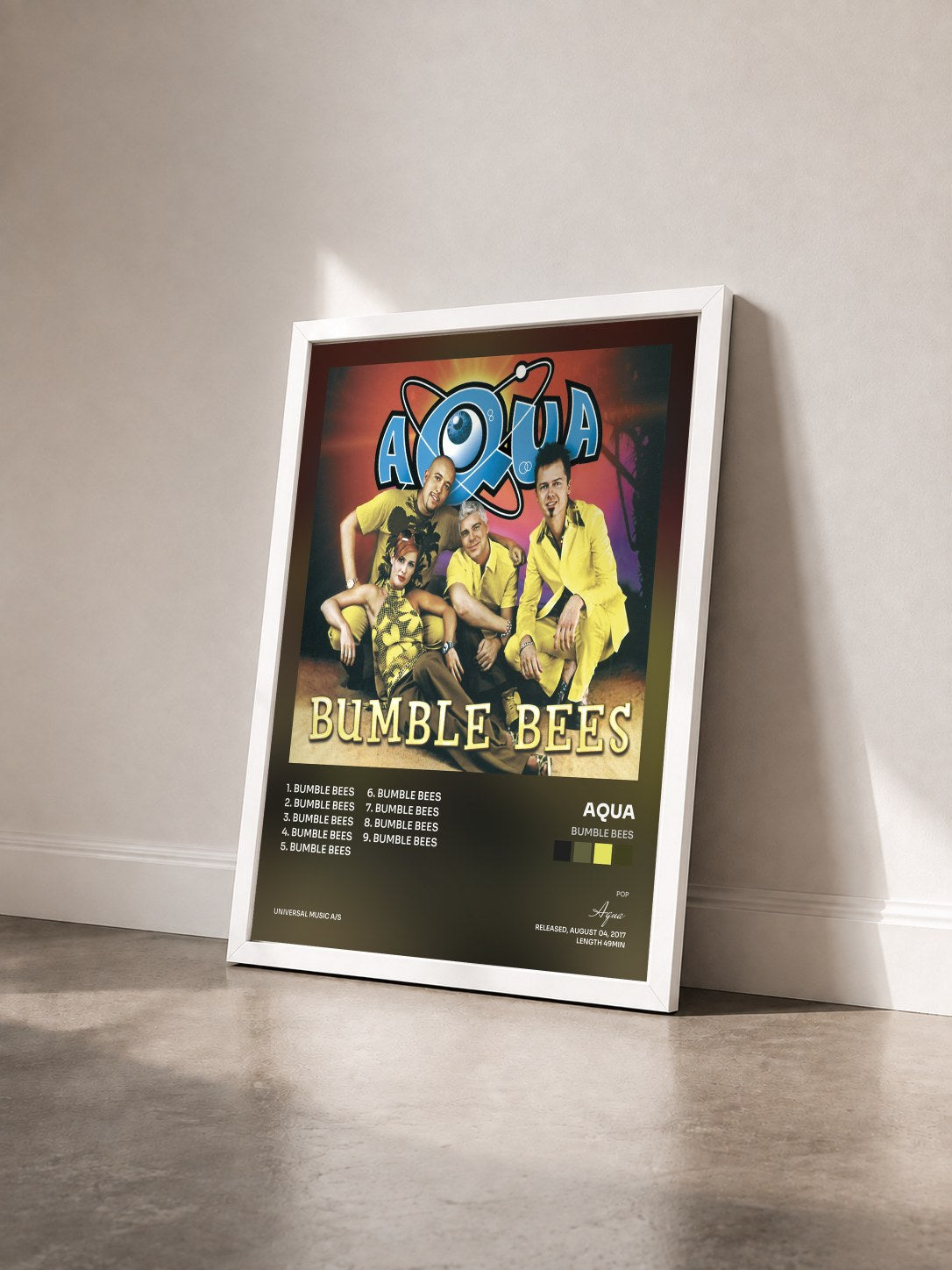 #blanc Tableau de l'album Bumble Bees de Aqua vu de trois quarts, cadre blanc