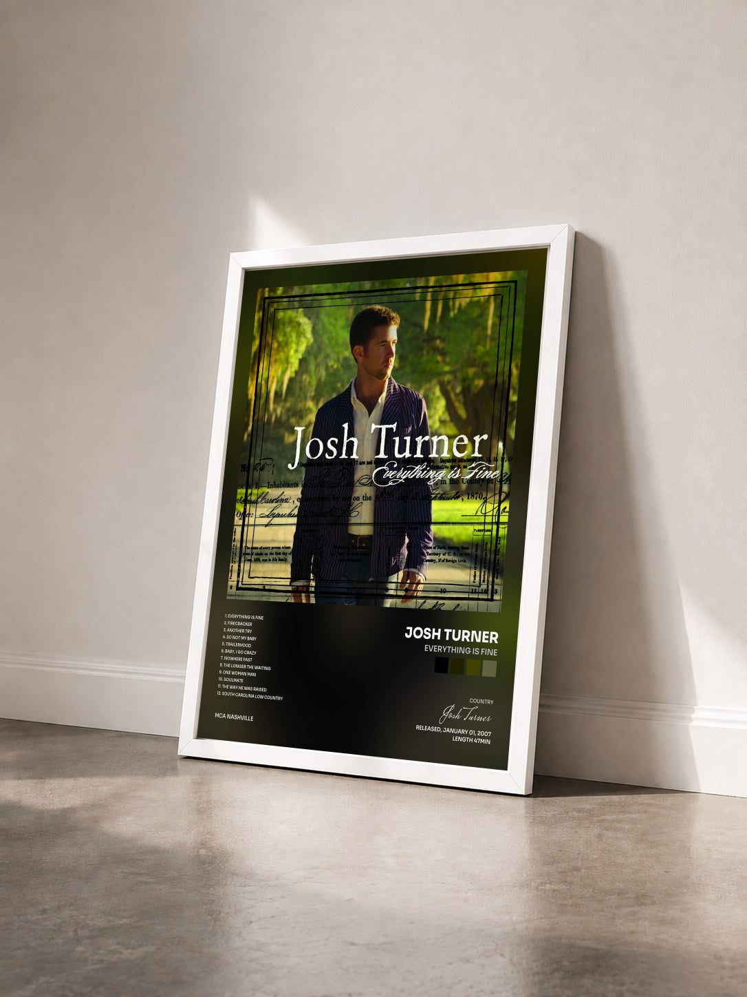 #blanc Tableau de l'album Everything Is Fine de Josh Turner vu de trois quarts, cadre blanc
