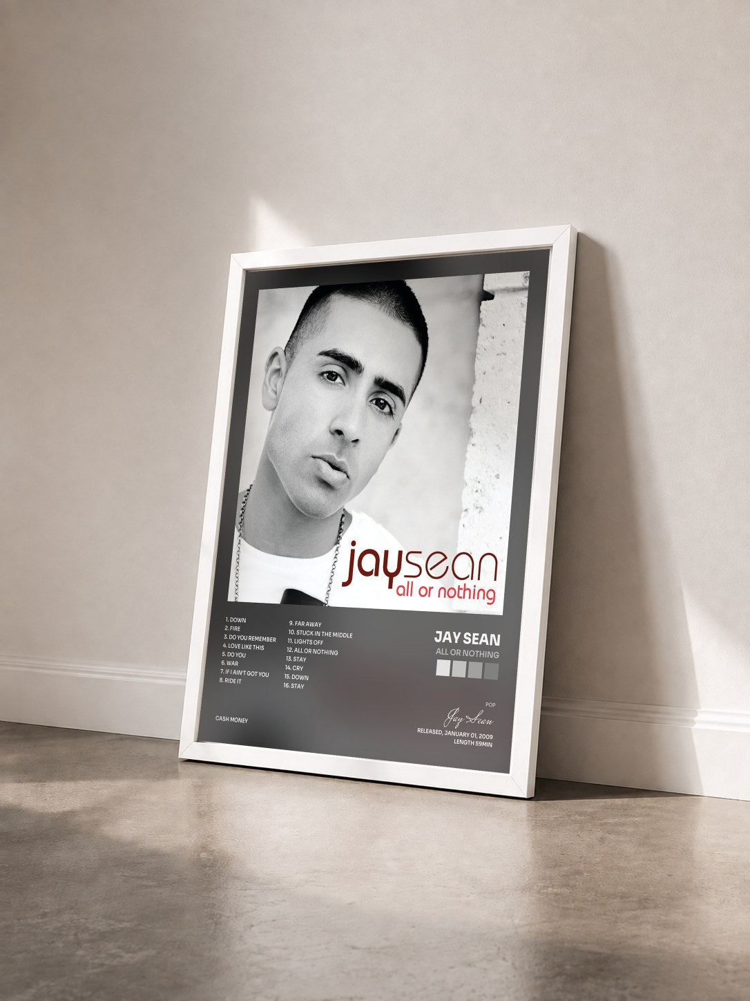 #blanc Tableau de l'album All Or Nothing de Jay Sean vu de trois quarts, cadre blanc