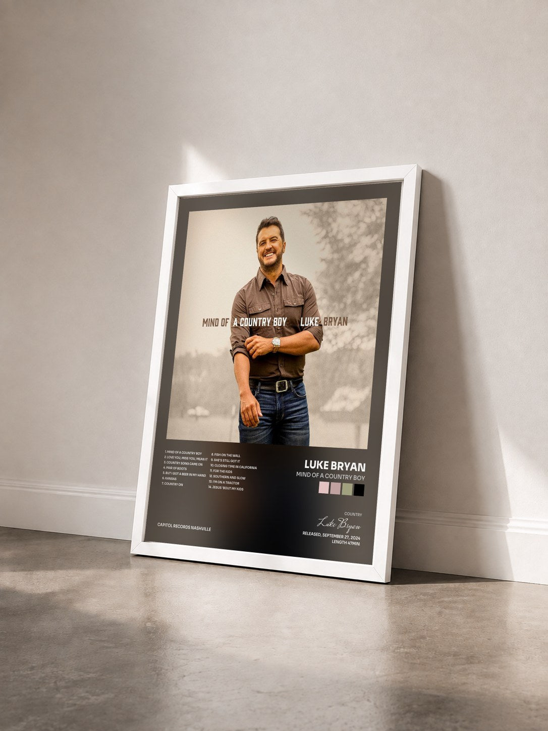 #blanc Tableau de l'album Mind Of A Country Boy de Luke Bryan vu de trois quarts, cadre blanc
