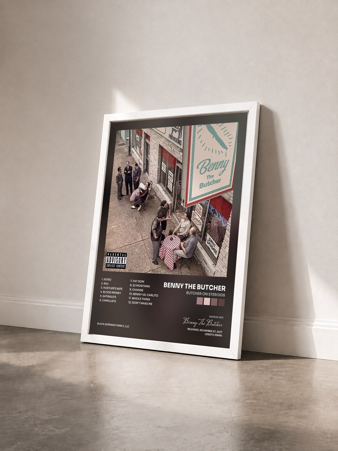 #blanc Tableau de l'album Butcher on Steroids de Benny The Butcher vu de trois quarts, cadre blanc
