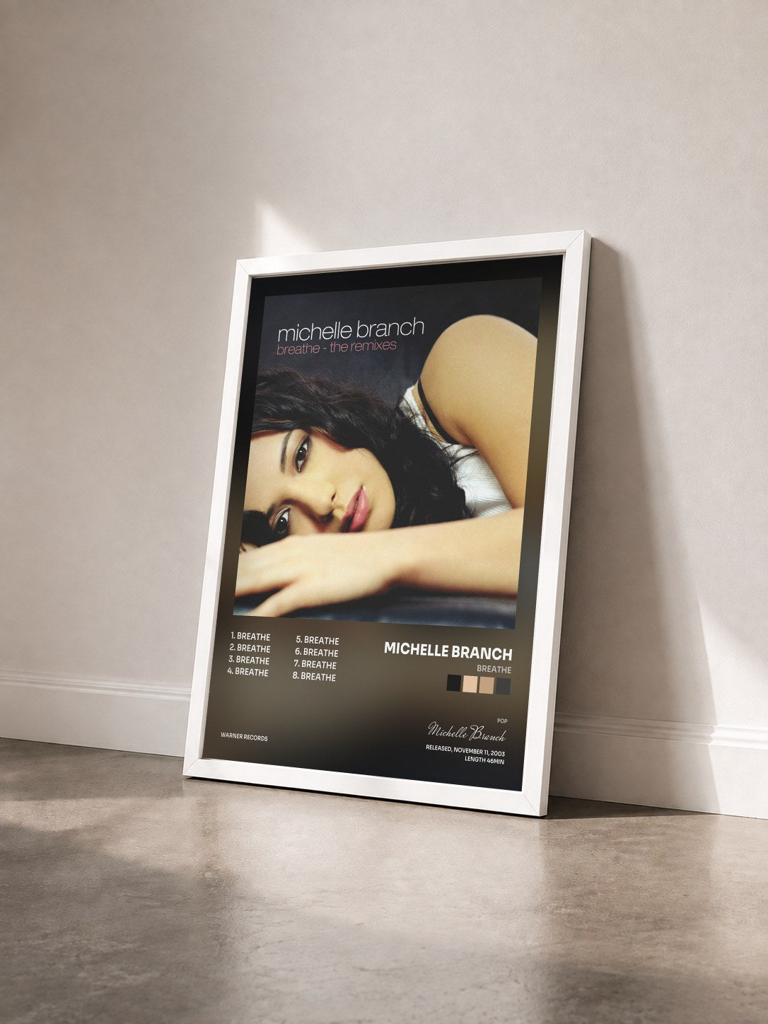 #blanc Tableau de l'album Breathe de Michelle Branch vu de trois quarts, cadre blanc