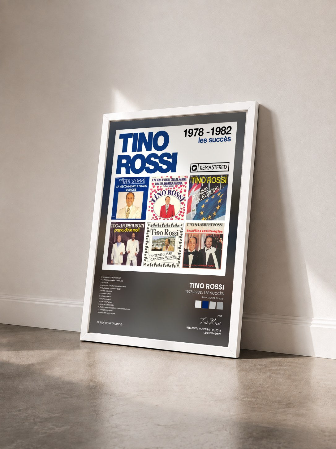 #blanc Tableau de l'album 1978-1982 : Les succès (Remasterisé en 2018) de Tino Rossi vu de trois quarts, cadre blanc