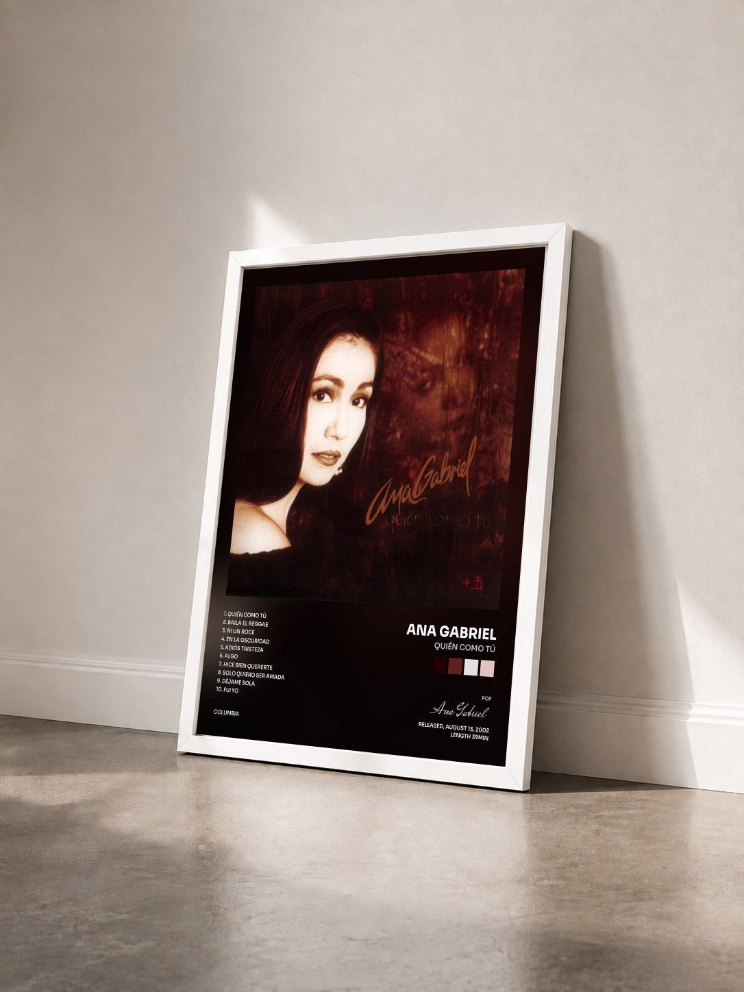 #blanc Tableau de l'album Quién Como tú de Ana Gabriel vu de trois quarts, cadre blanc