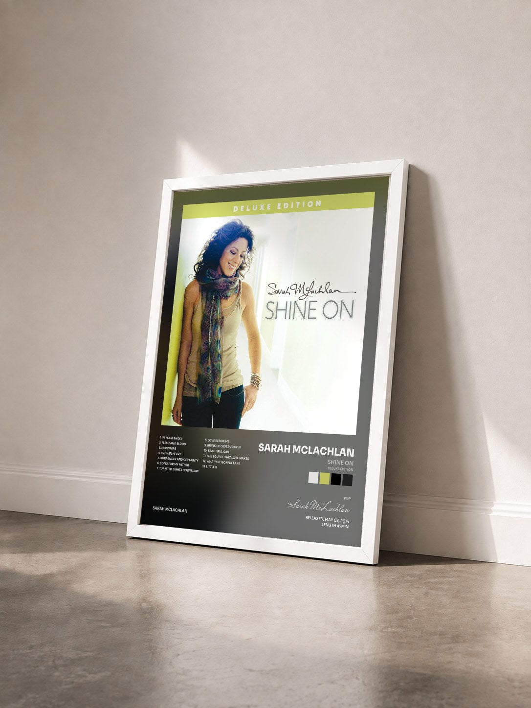 #blanc Tableau de l'album Shine On (Deluxe Edition) de Sarah McLachlan vu de trois quarts, cadre blanc