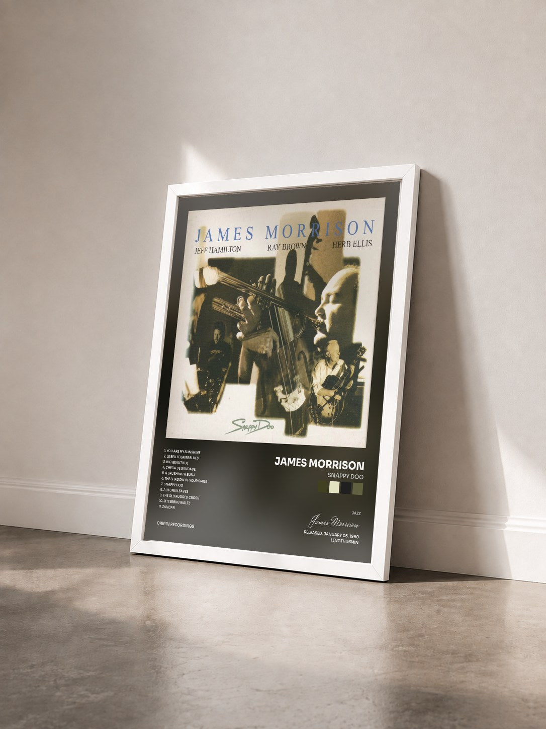 #blanc Tableau de l'album Snappy Doo de James Morrison vu de trois quarts, cadre blanc
