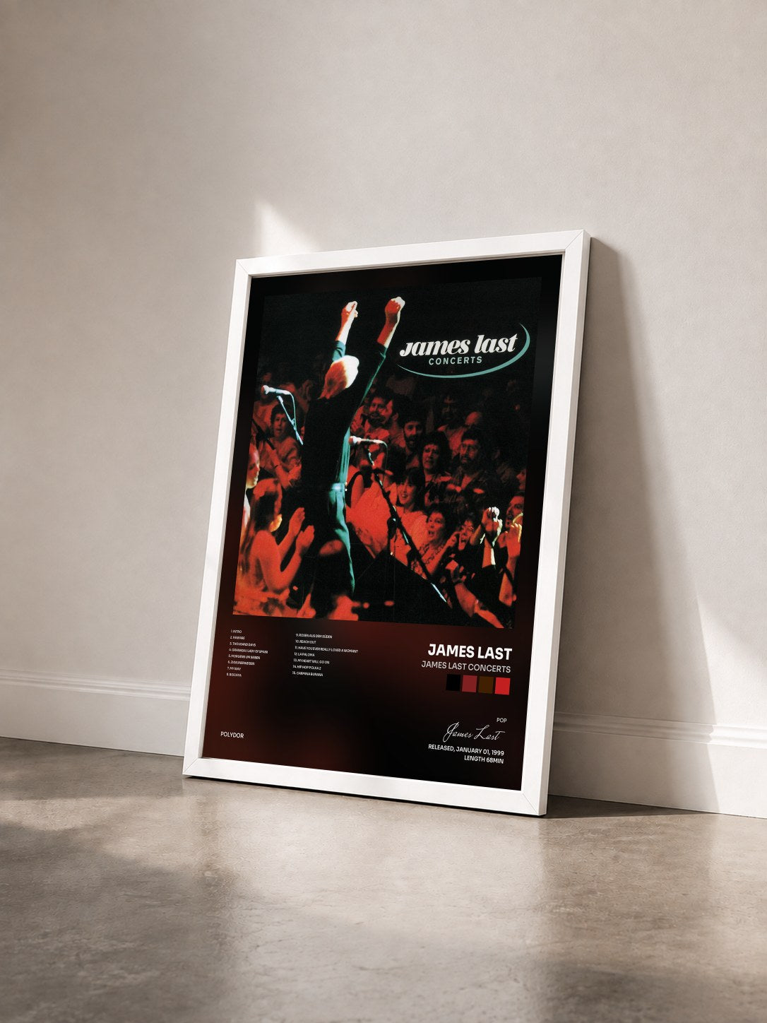 #blanc Tableau de l'album James Last Concerts de James Last vu de trois quarts, cadre blanc