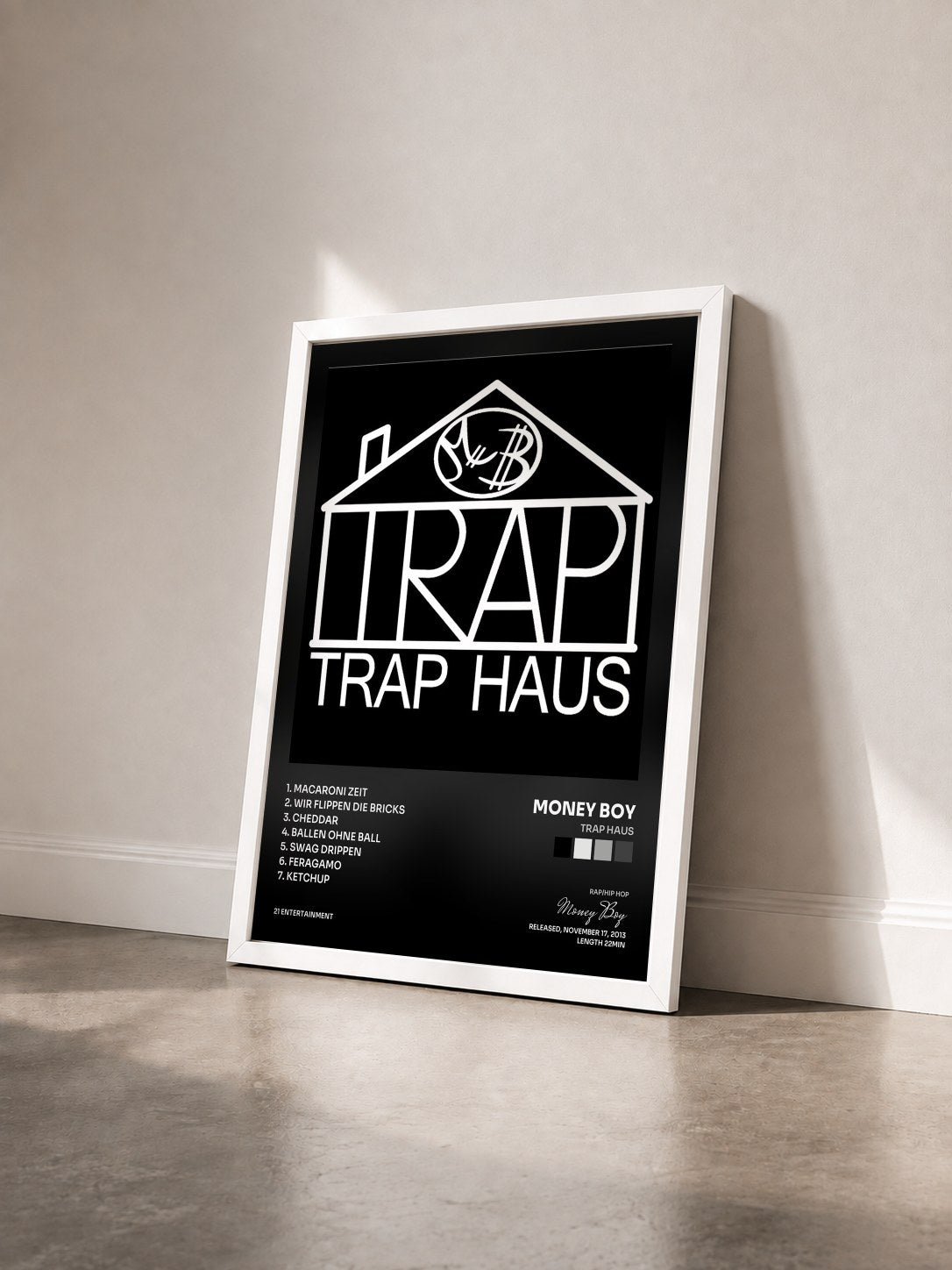 #blanc Tableau de l'album Trap Haus de Money Boy vu de trois quarts, cadre blanc