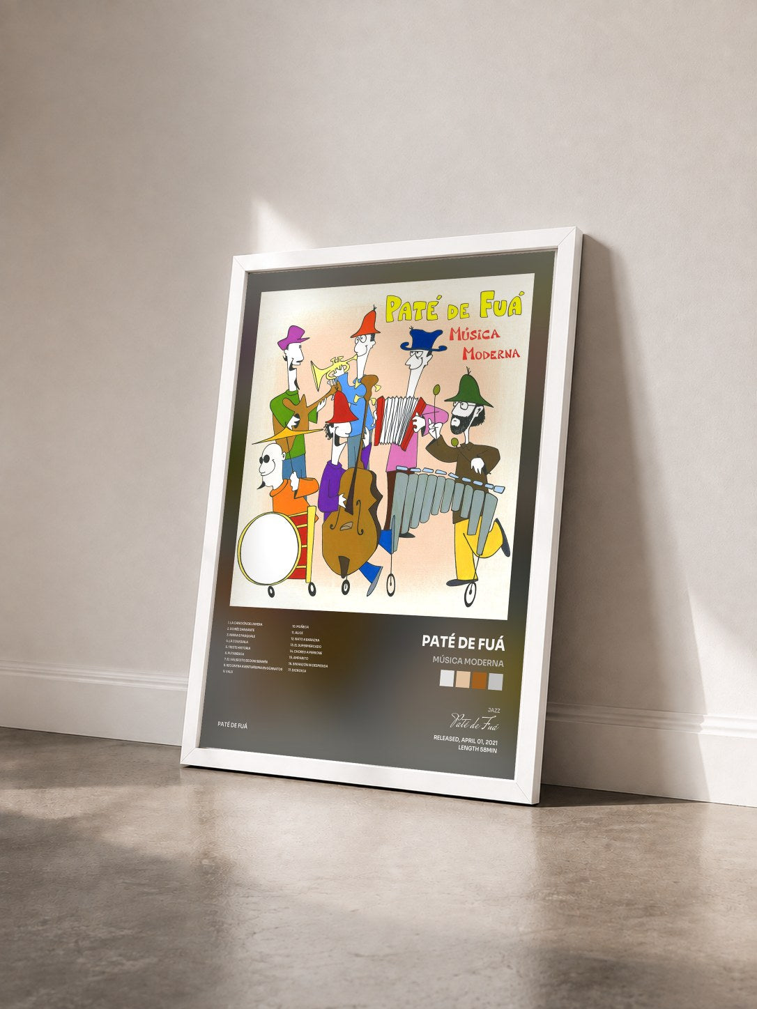 #blanc Tableau de l'album Música Moderna de Paté de Fuá vu de trois quarts, cadre blanc