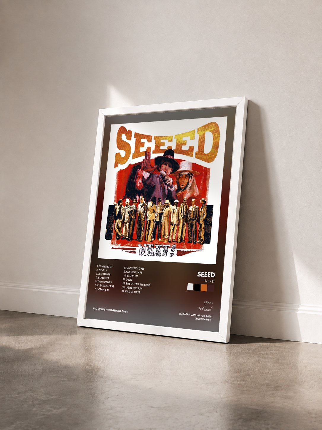 #blanc Tableau de l'album Next! de Seeed vu de trois quarts, cadre blanc