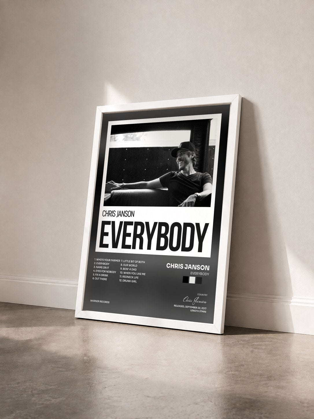 #blanc Tableau de l'album EVERYBODY de Chris Janson vu de trois quarts, cadre blanc