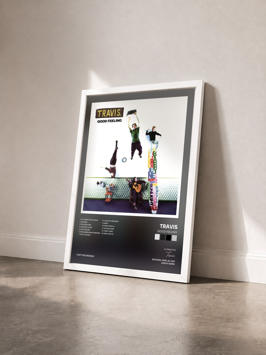 #blanc Tableau de l'album Good Feeling de Travis vu de trois quarts, cadre blanc