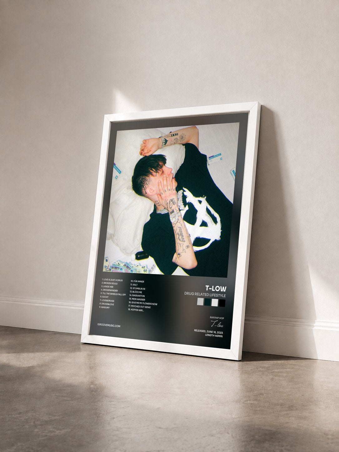 #blanc Tableau de l'album Drug Related Lifestyle de T-low vu de trois quarts, cadre blanc