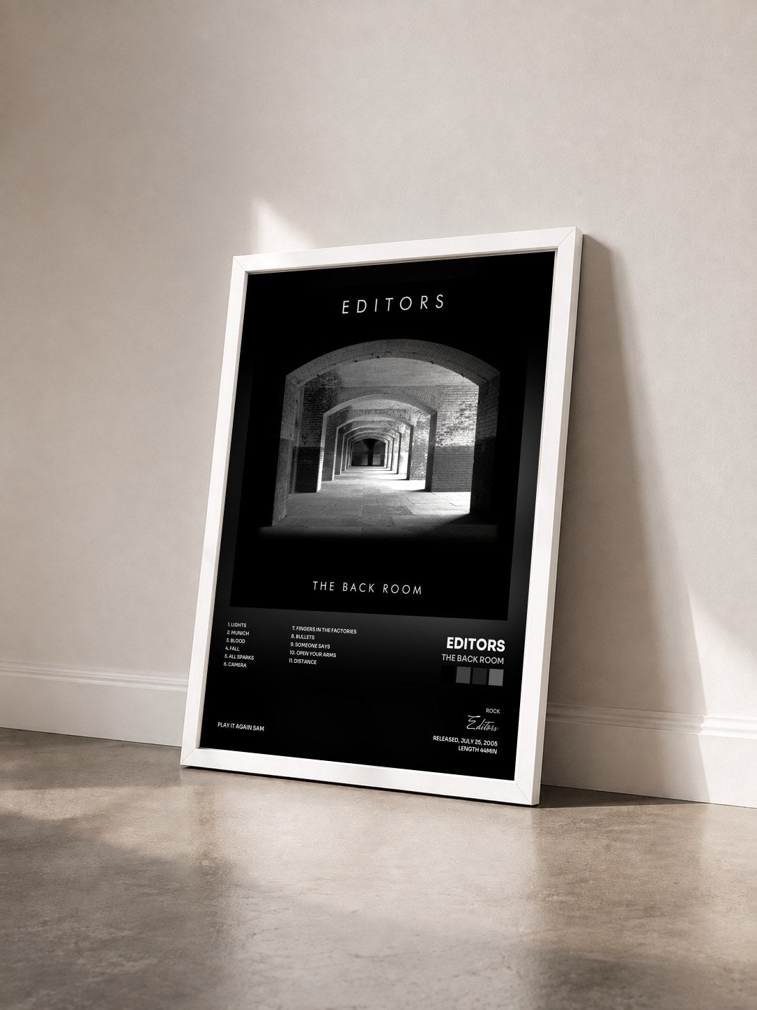 #blanc Tableau de l'album The Back Room de Editors vu de trois quarts, cadre blanc