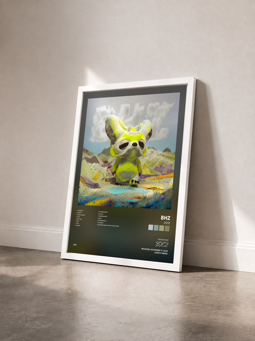 #blanc Tableau de l'album 2013 de BHZ vu de trois quarts, cadre blanc