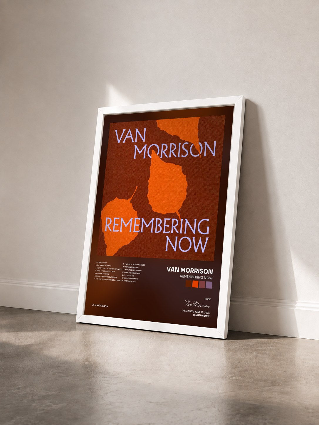 #blanc Tableau de l'album Remembering Now de Van Morrison vu de trois quarts, cadre blanc