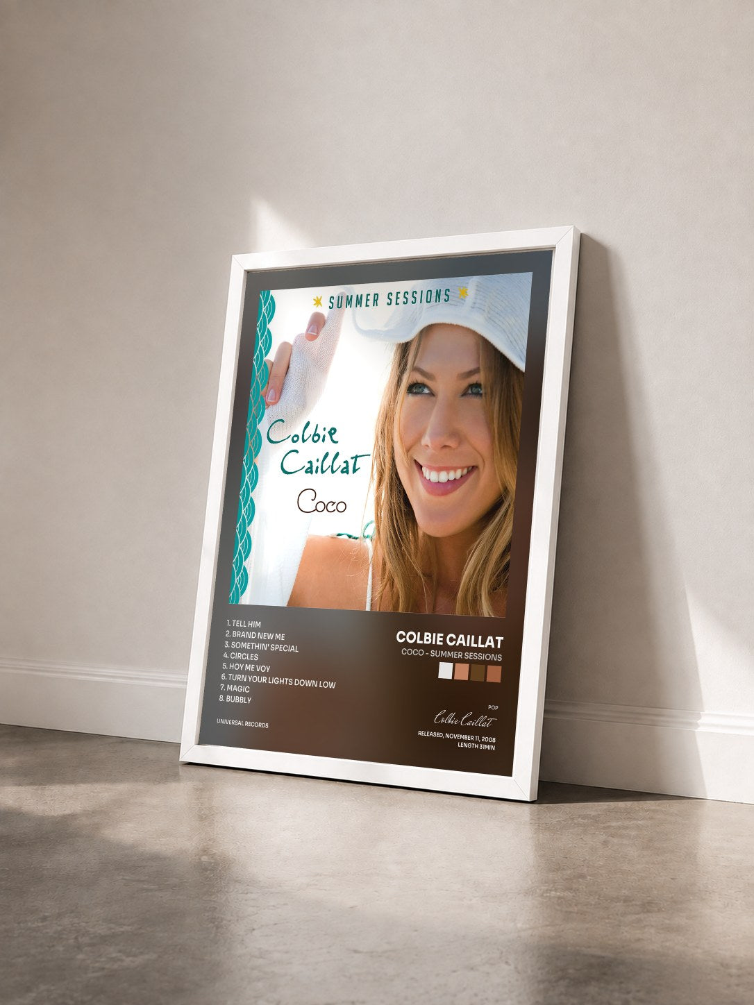 #blanc Tableau de l'album Coco - Summer Sessions de Colbie Caillat vu de trois quarts, cadre blanc