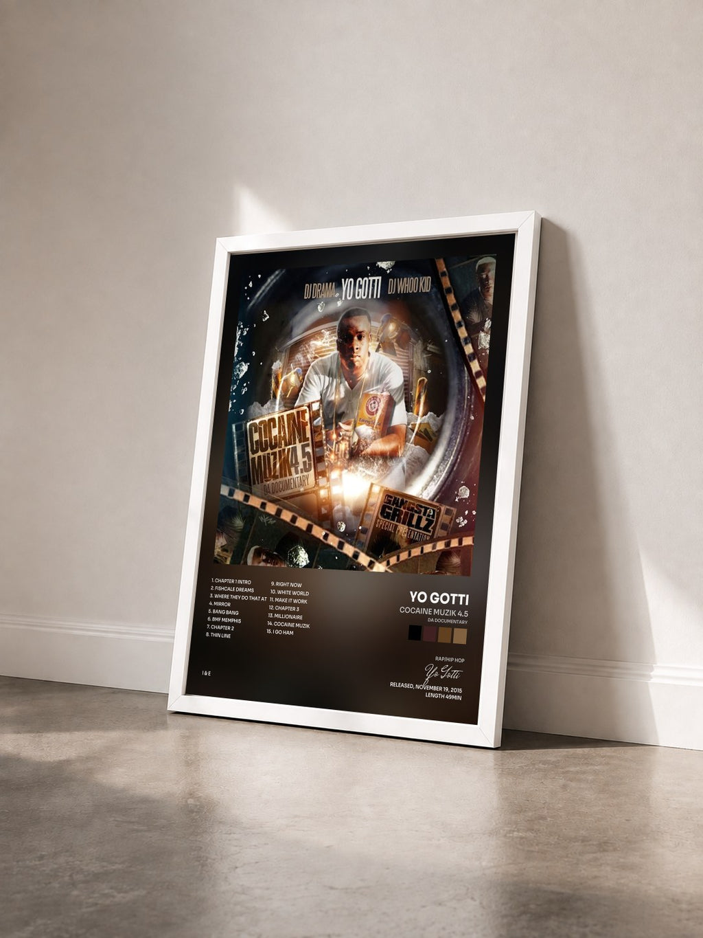 #blanc Cocaine Muzik 4.5 (Da Documentary) by Yo Gotti as a framed art print seen at an angle, white frame