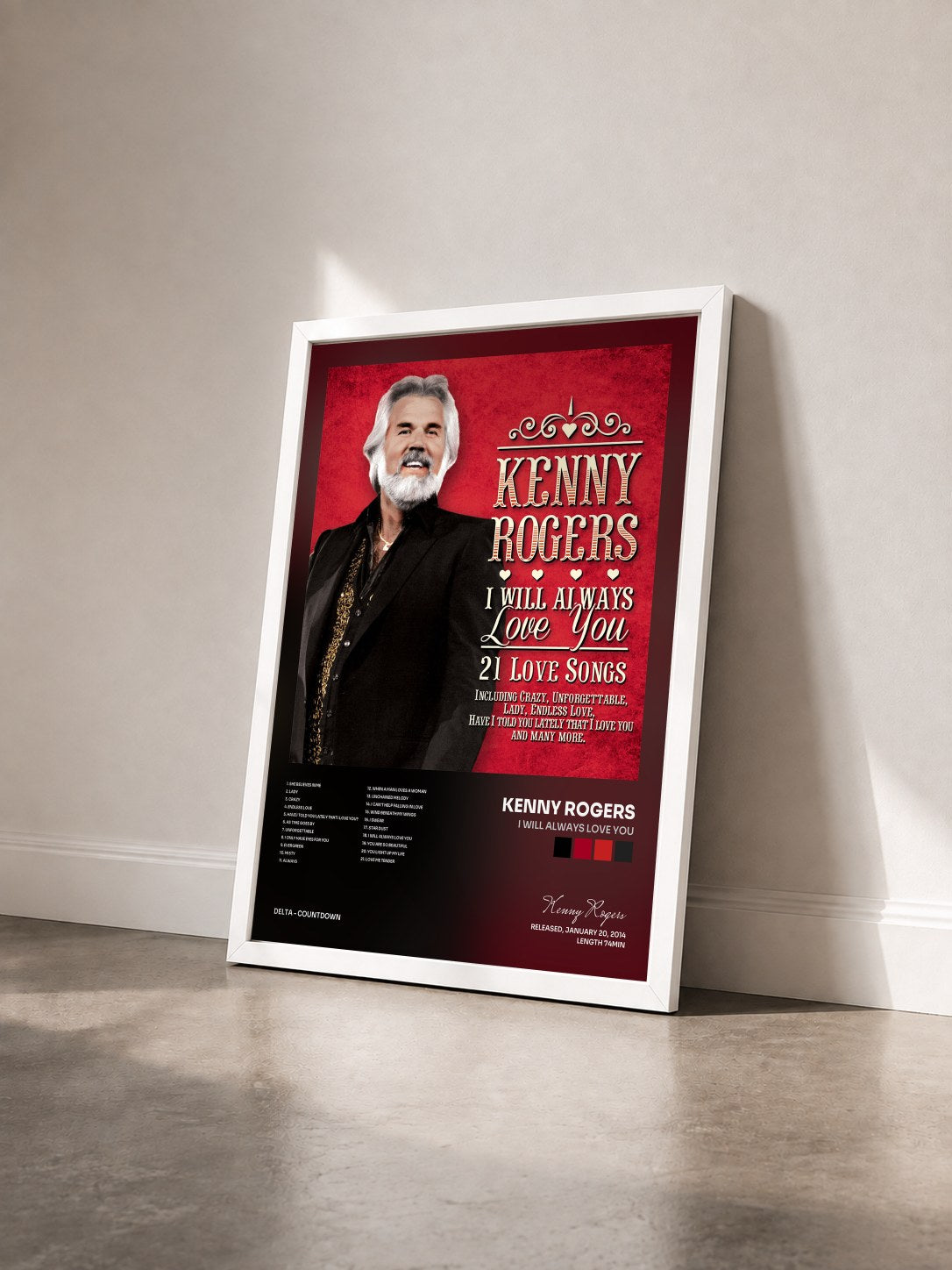 #blanc Tableau de l'album I Will Always Love You de Kenny Rogers vu de trois quarts, cadre blanc