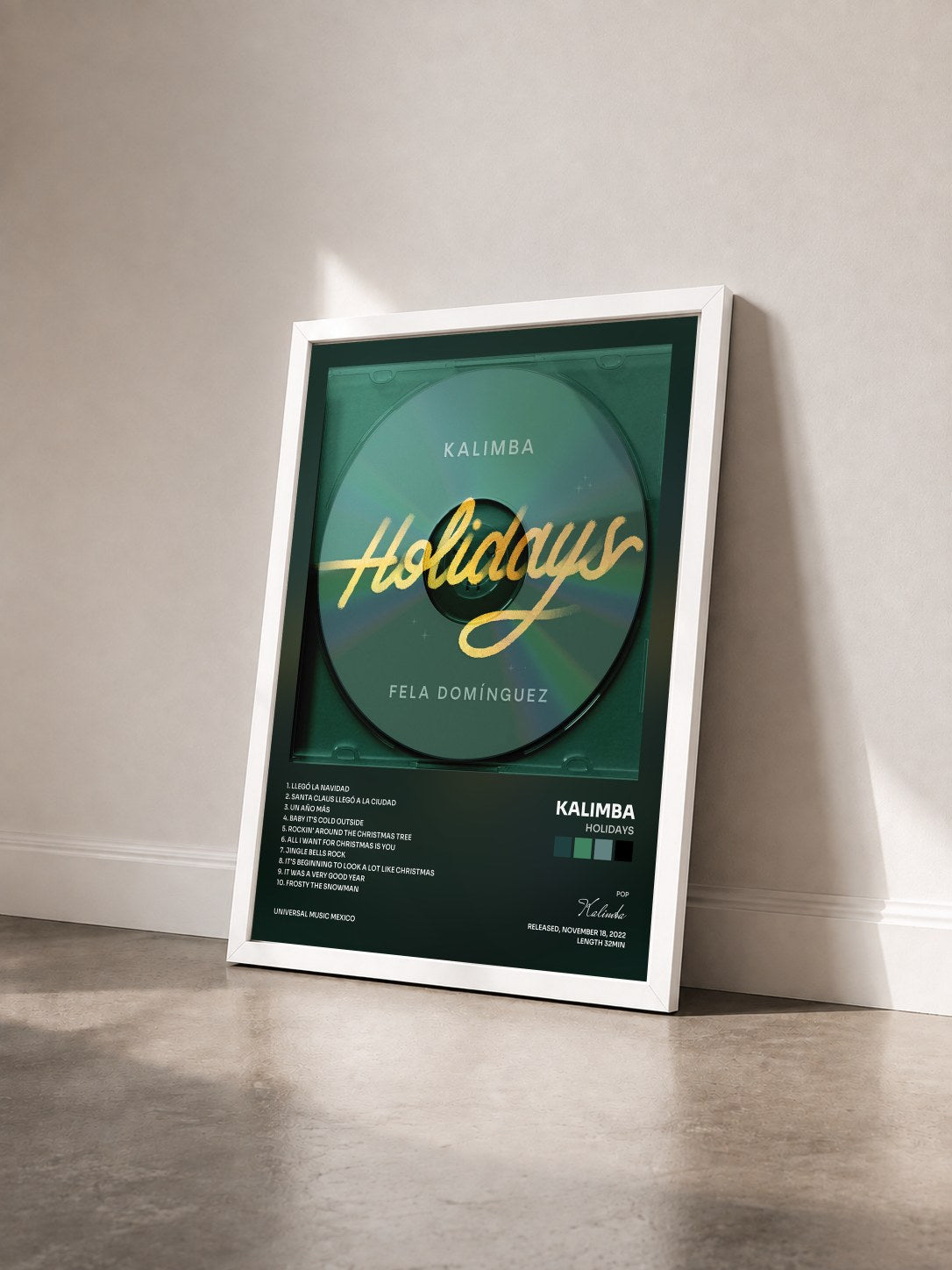 #blanc Tableau de l'album Holidays de Kalimba vu de trois quarts, cadre blanc
