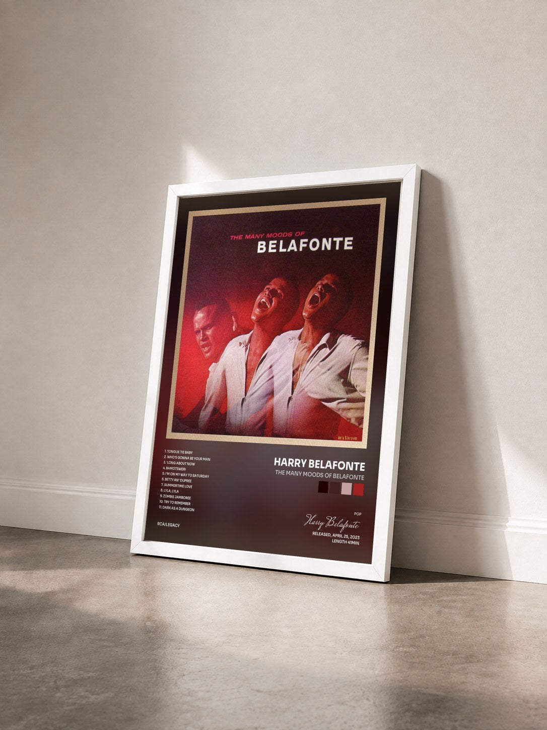 #blanc Tableau de l'album The Many Moods Of Belafonte de Harry Belafonte vu de trois quarts, cadre blanc