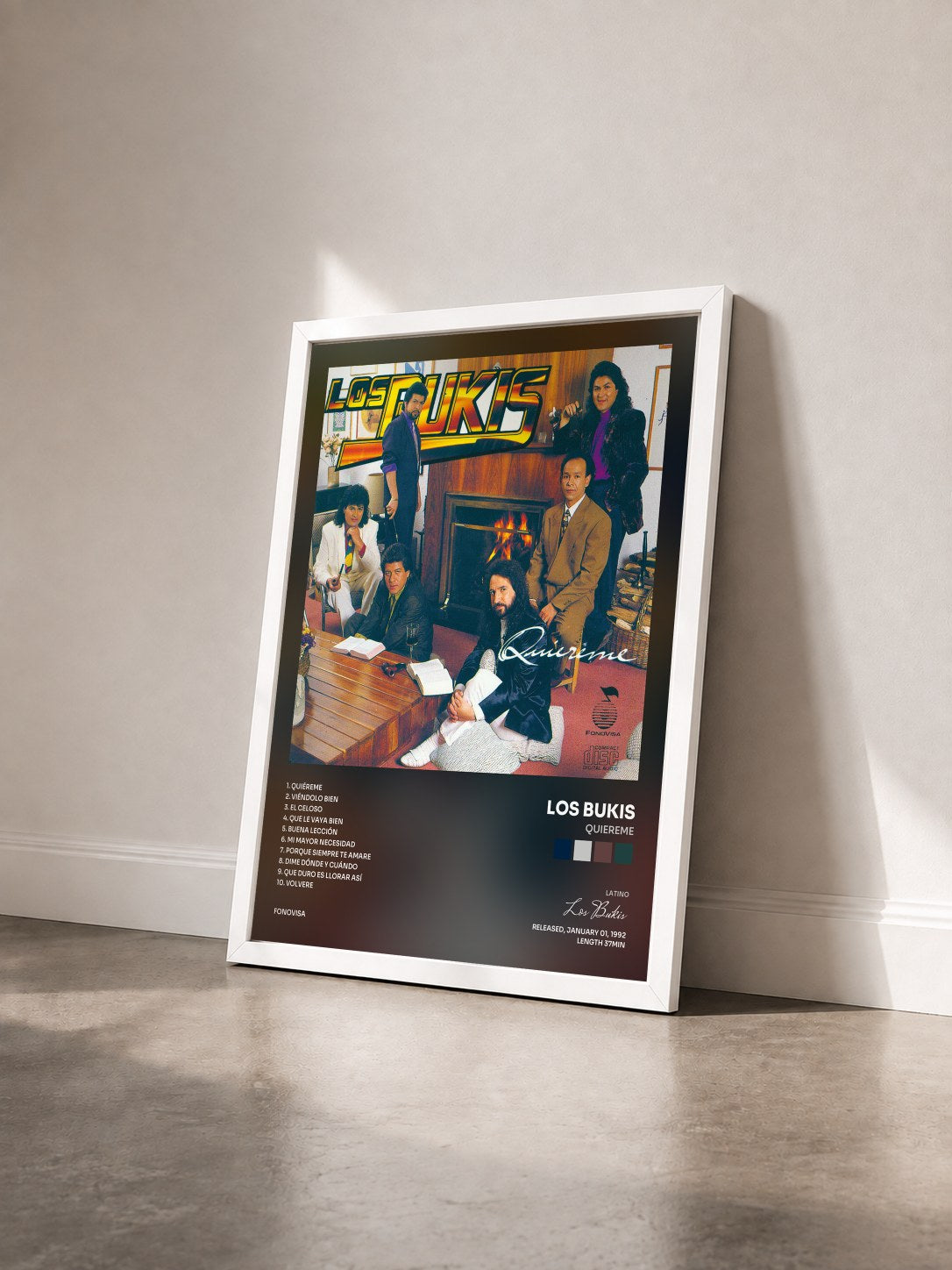 #blanc Tableau de l'album Quiereme de Los Bukis vu de trois quarts, cadre blanc