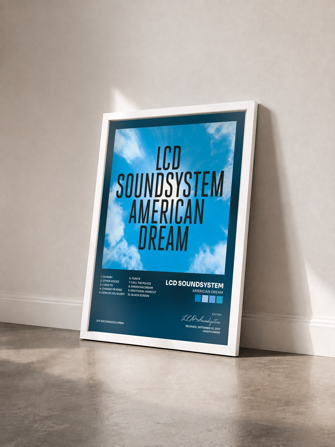 #blanc Tableau de l'album american dream de LCD Soundsystem vu de trois quarts, cadre blanc