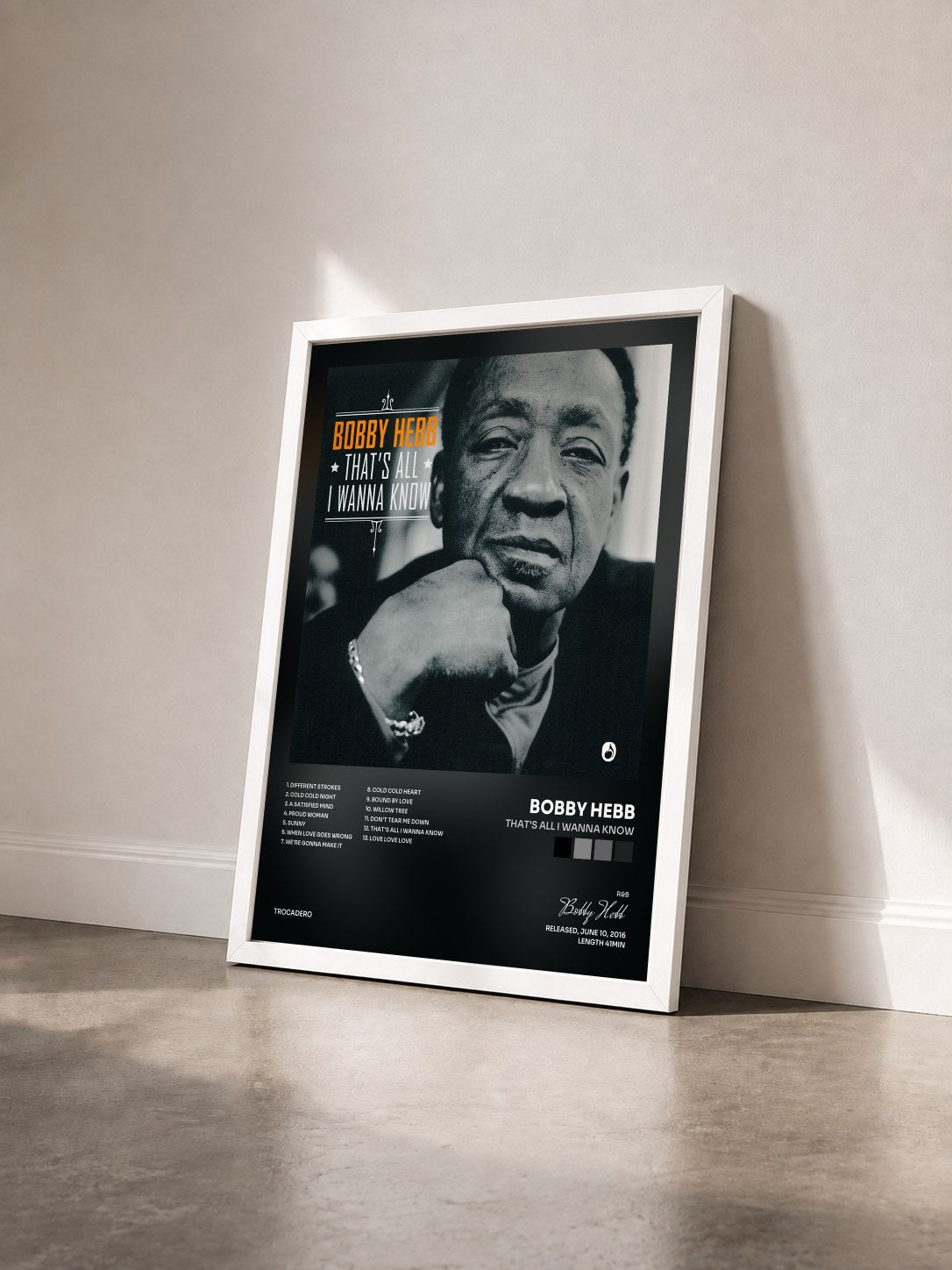 #blanc Tableau de l'album That's All I Wanna Know de Bobby Hebb vu de trois quarts, cadre blanc