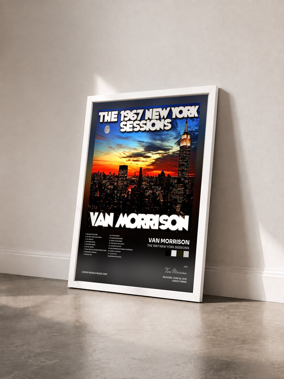 #blanc Tableau de l'album The 1967 New York Sessions de Van Morrison vu de trois quarts, cadre blanc