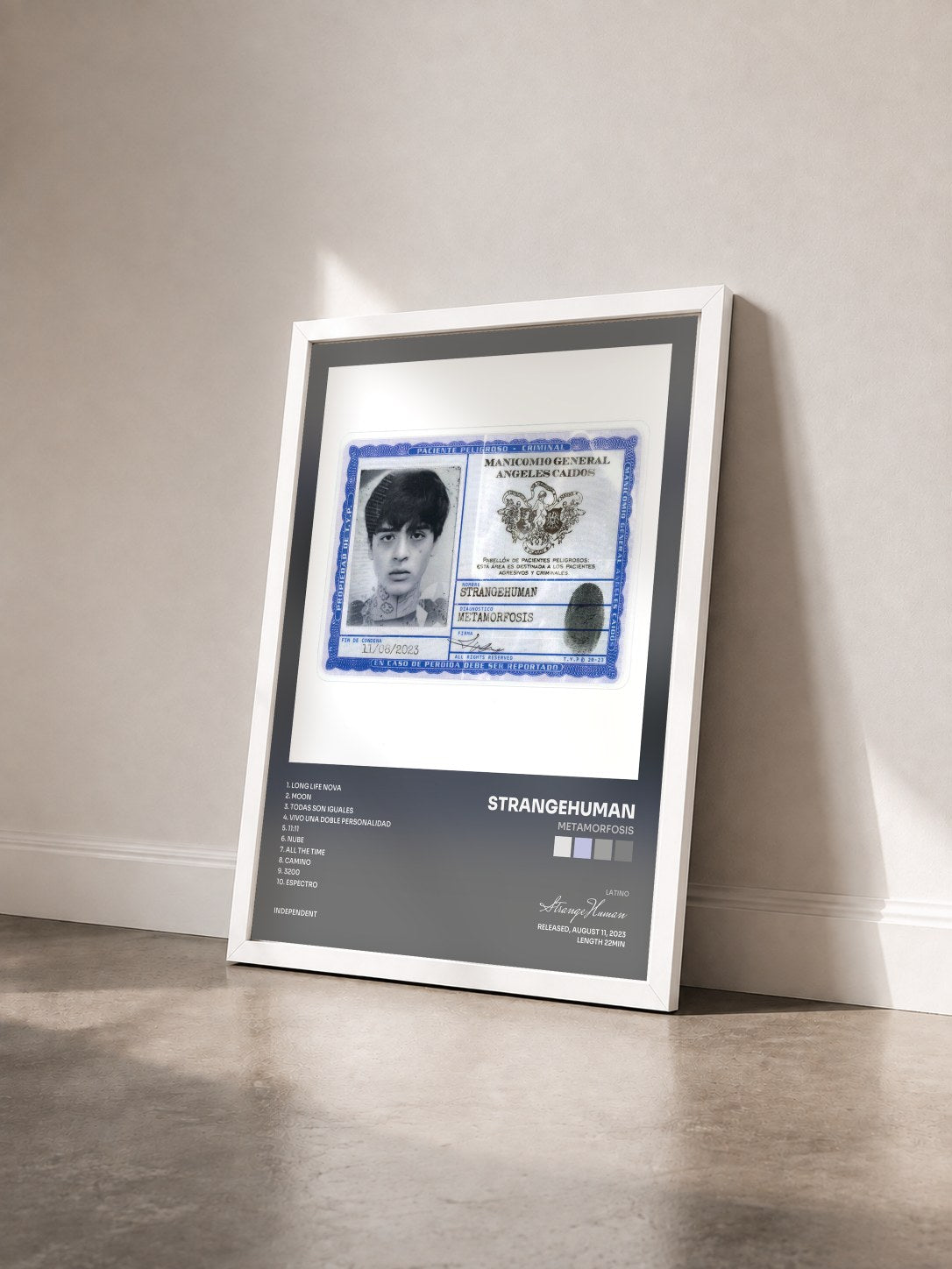 #blanc Tableau de l'album METAMORFOSIS de StrangeHuman vu de trois quarts, cadre blanc
