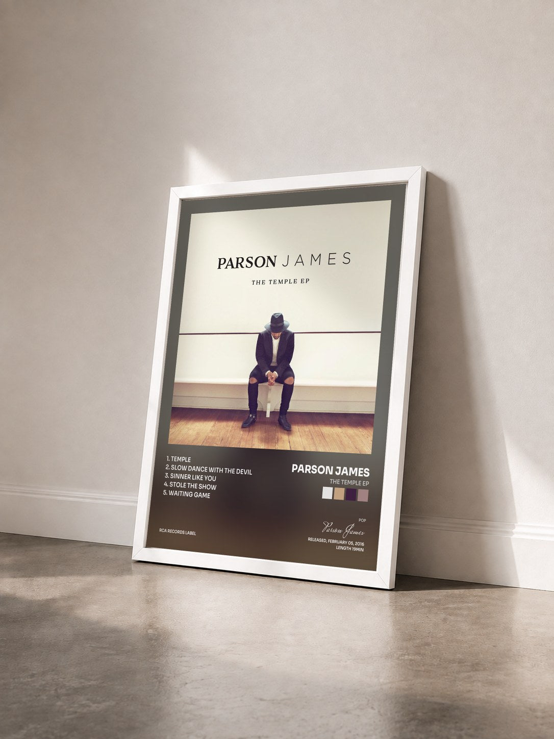 #blanc Tableau de l'album The Temple EP de Parson James vu de trois quarts, cadre blanc