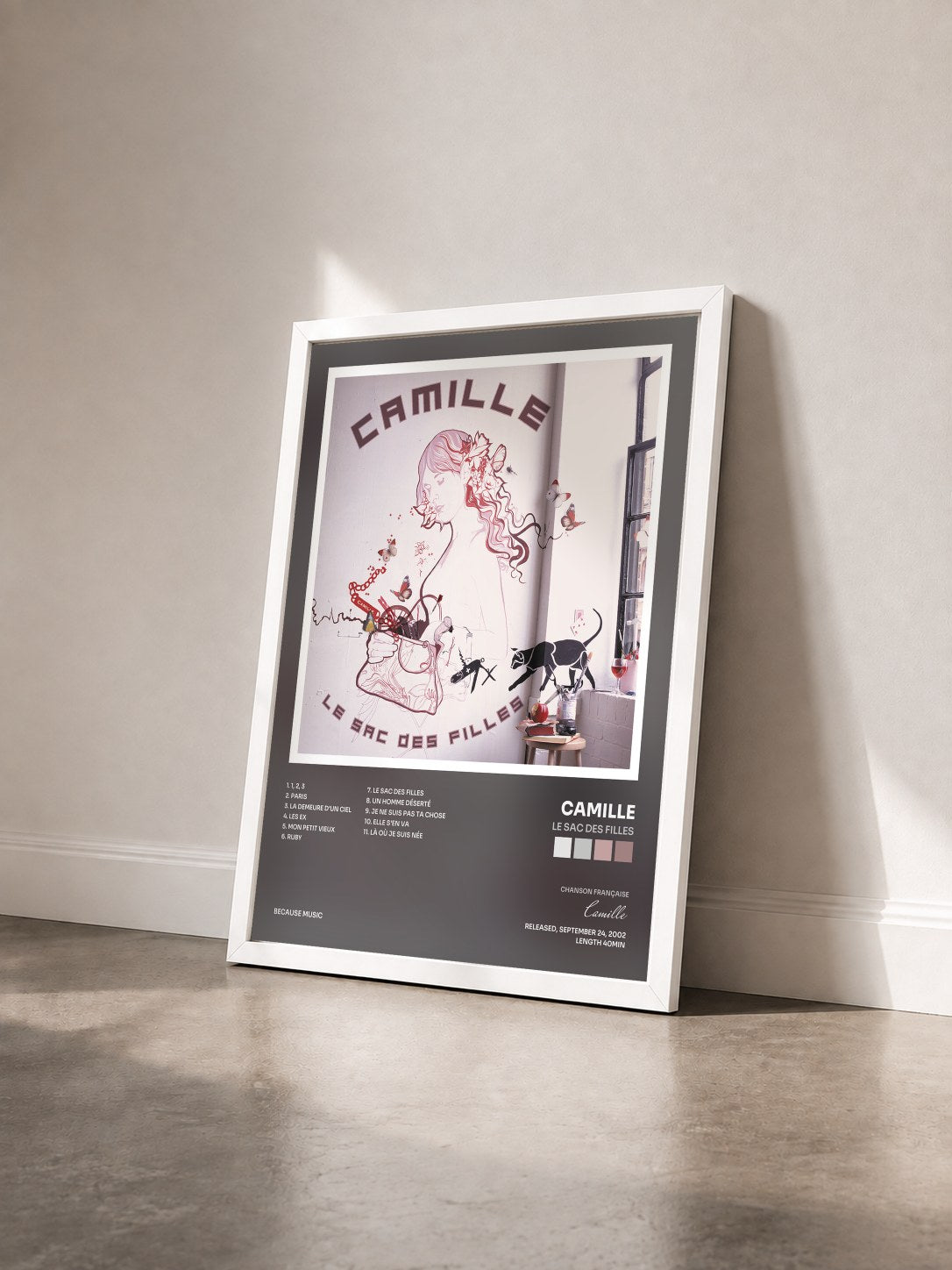 #blanc Tableau de l'album Le sac des filles de Camille vu de trois quarts, cadre blanc