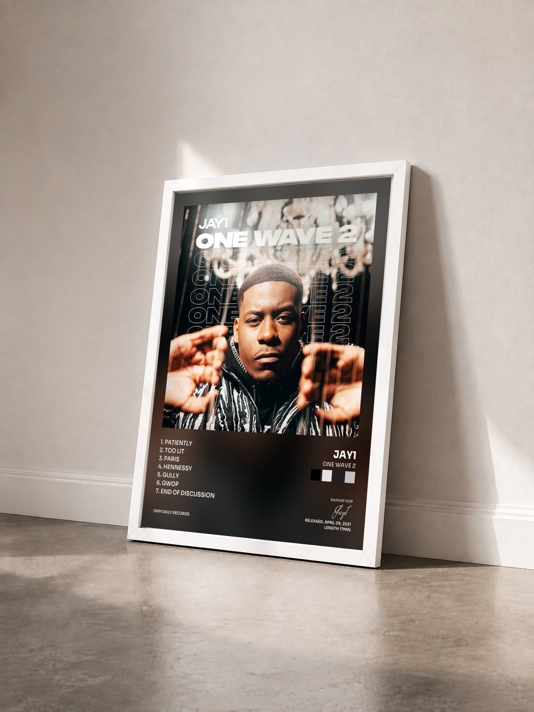 #blanc Tableau de l'album One Wave 2 de Jay1 vu de trois quarts, cadre blanc