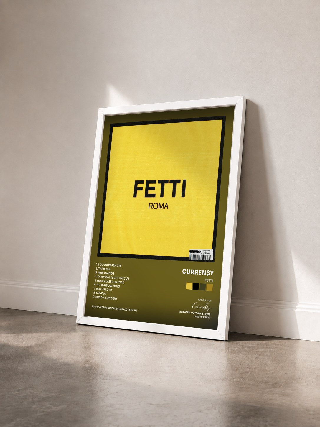 #blanc Tableau de l'album Fetti de Curren$y vu de trois quarts, cadre blanc
