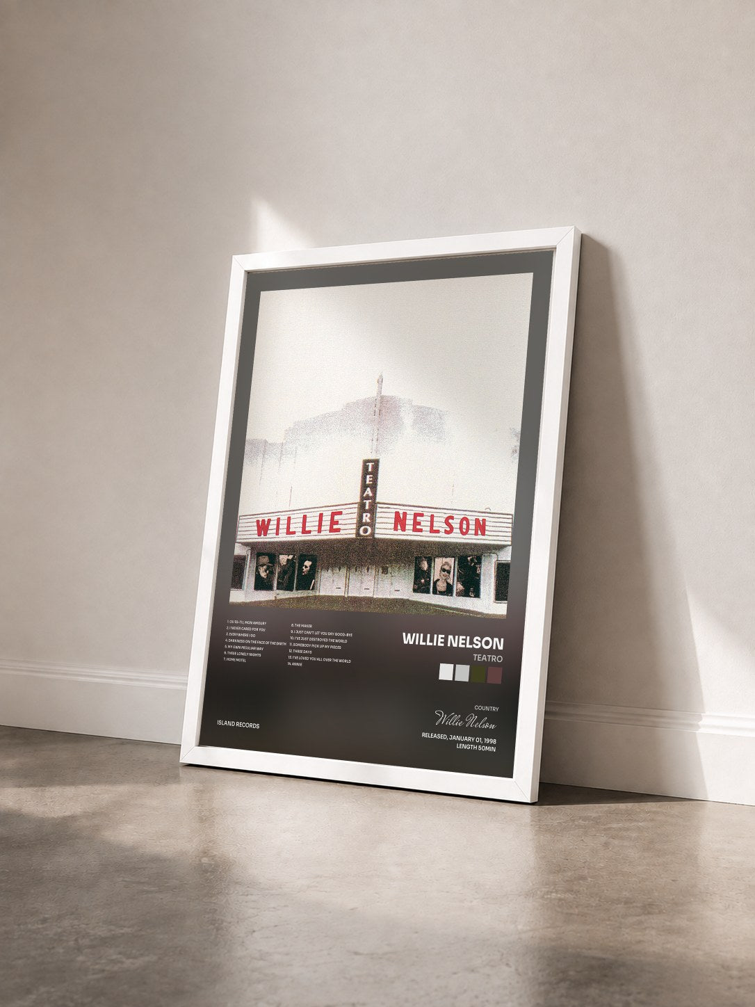#blanc Tableau de l'album Teatro de Willie Nelson vu de trois quarts, cadre blanc