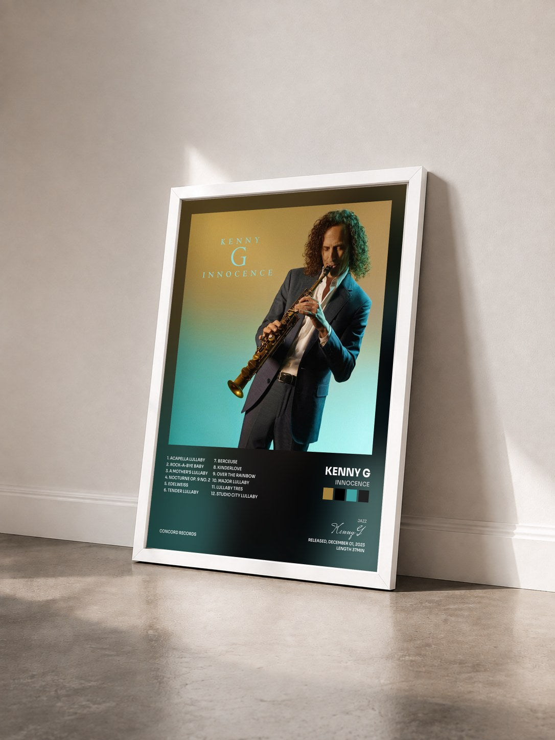 #blanc Tableau de l'album Innocence de Kenny G vu de trois quarts, cadre blanc