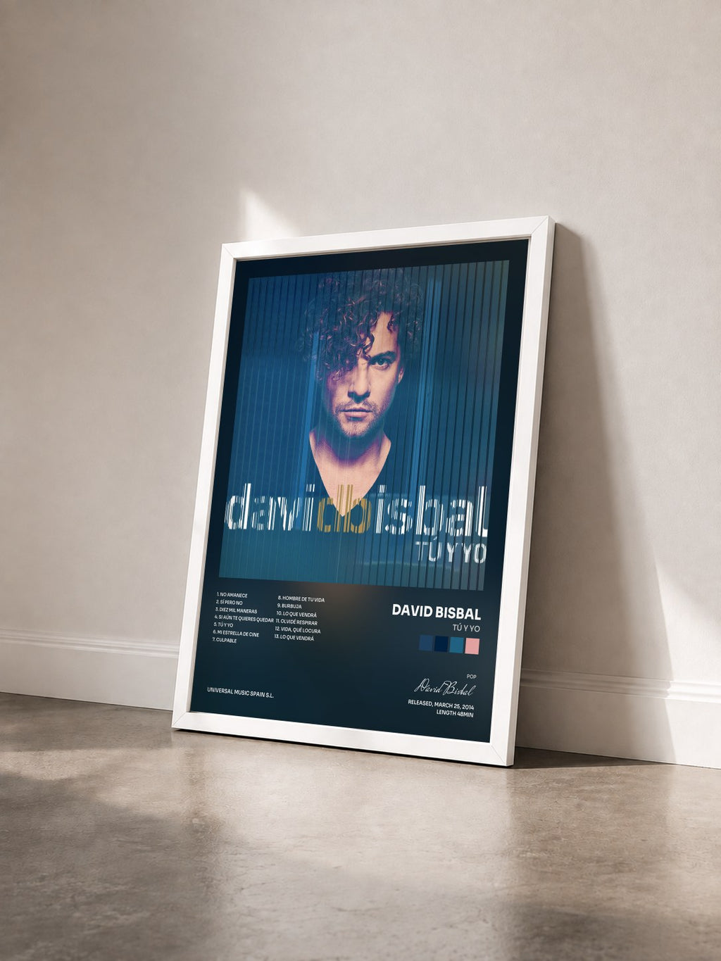 #blanc Tableau de l'album Tú Y Yo de David Bisbal vu de trois quarts, cadre blanc