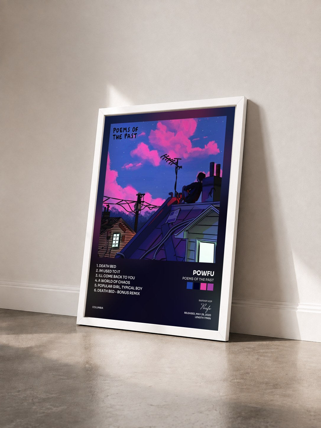 #blanc Tableau de l'album poems of the past de Powfu vu de trois quarts, cadre blanc