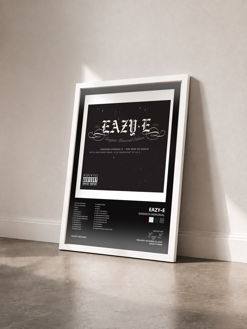 #blanc Tableau de l'album Gangsta Memorial de Eazy-E vu de trois quarts, cadre blanc