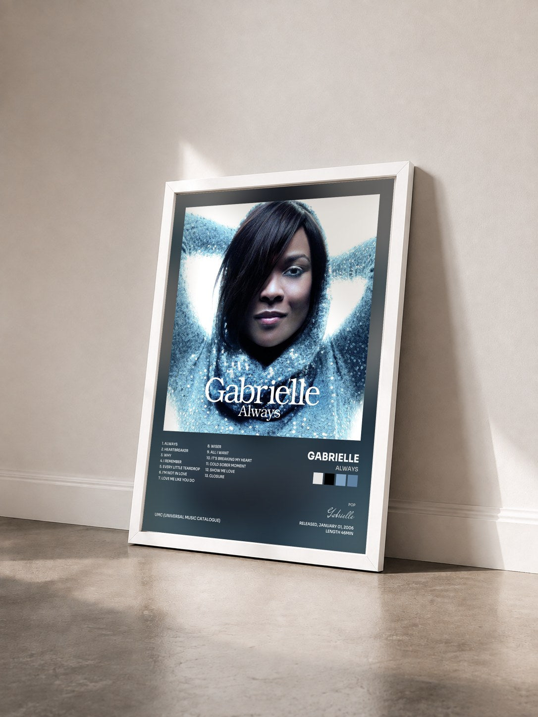 #blanc Tableau de l'album Always de Gabrielle vu de trois quarts, cadre blanc