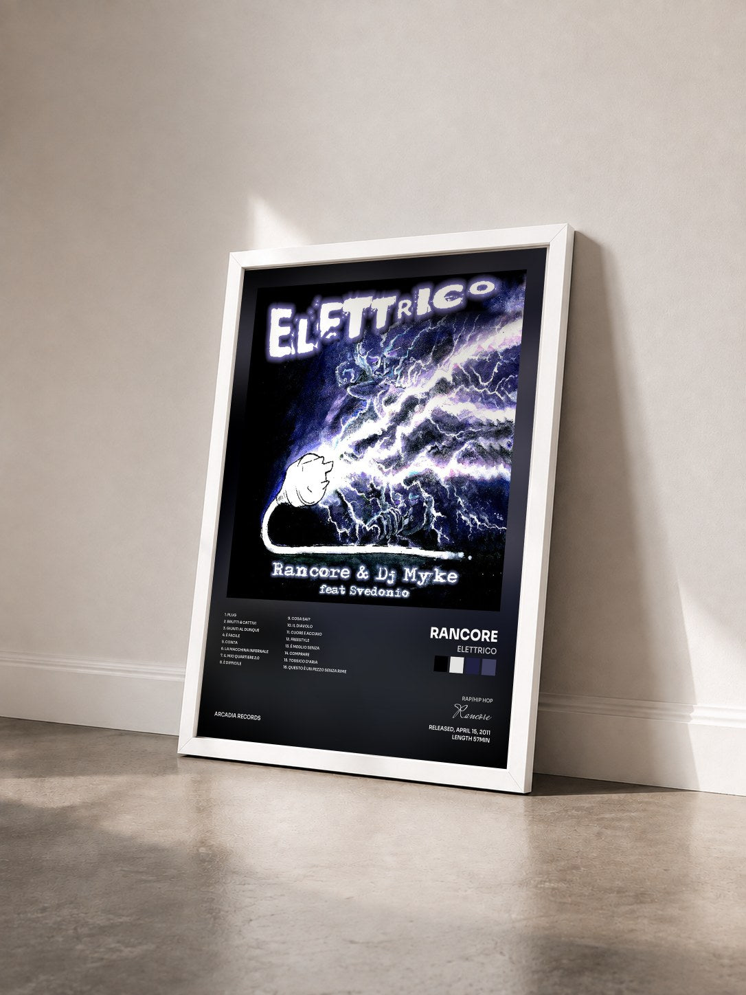 #blanc Tableau de l'album Elettrico de Rancore vu de trois quarts, cadre blanc