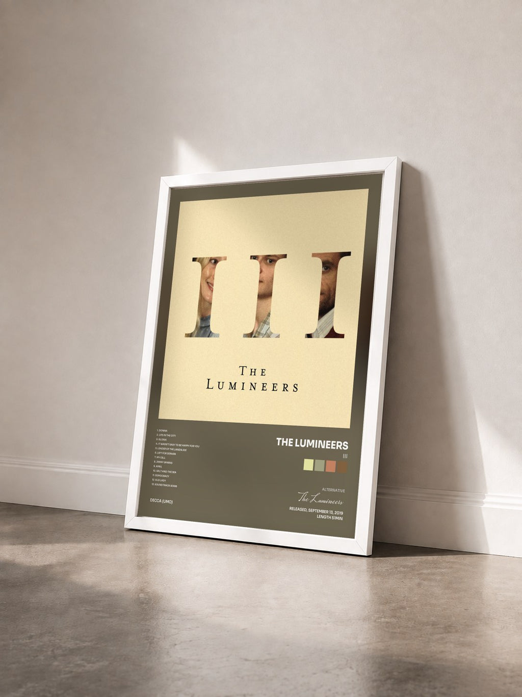 #blanc Tableau de l'album III de The Lumineers vu de trois quarts, cadre blanc