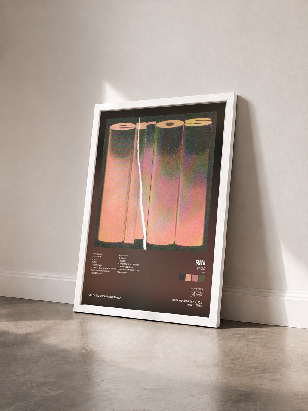 #blanc Tableau de l'album EROS (2018) de RIN vu de trois quarts, cadre blanc