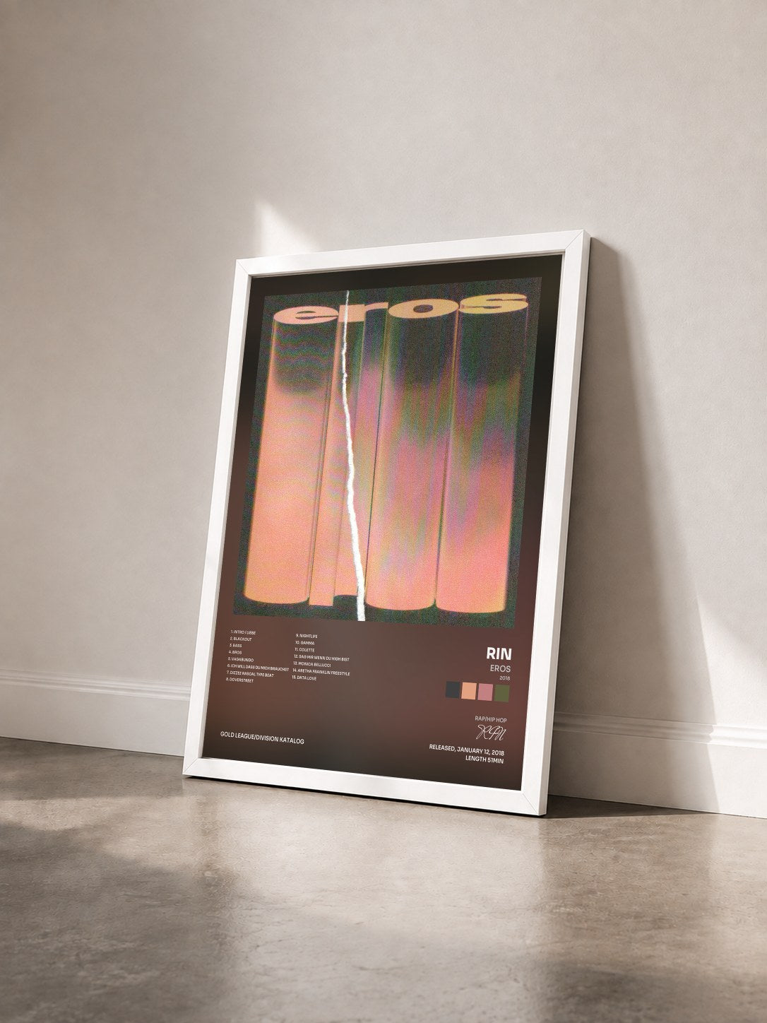 #blanc Tableau de l'album EROS (2018) de RIN vu de trois quarts, cadre blanc