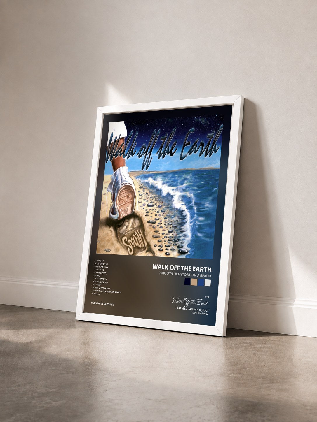 #blanc Tableau de l'album Smooth Like Stone On A Beach de Walk Off the Earth vu de trois quarts, cadre blanc