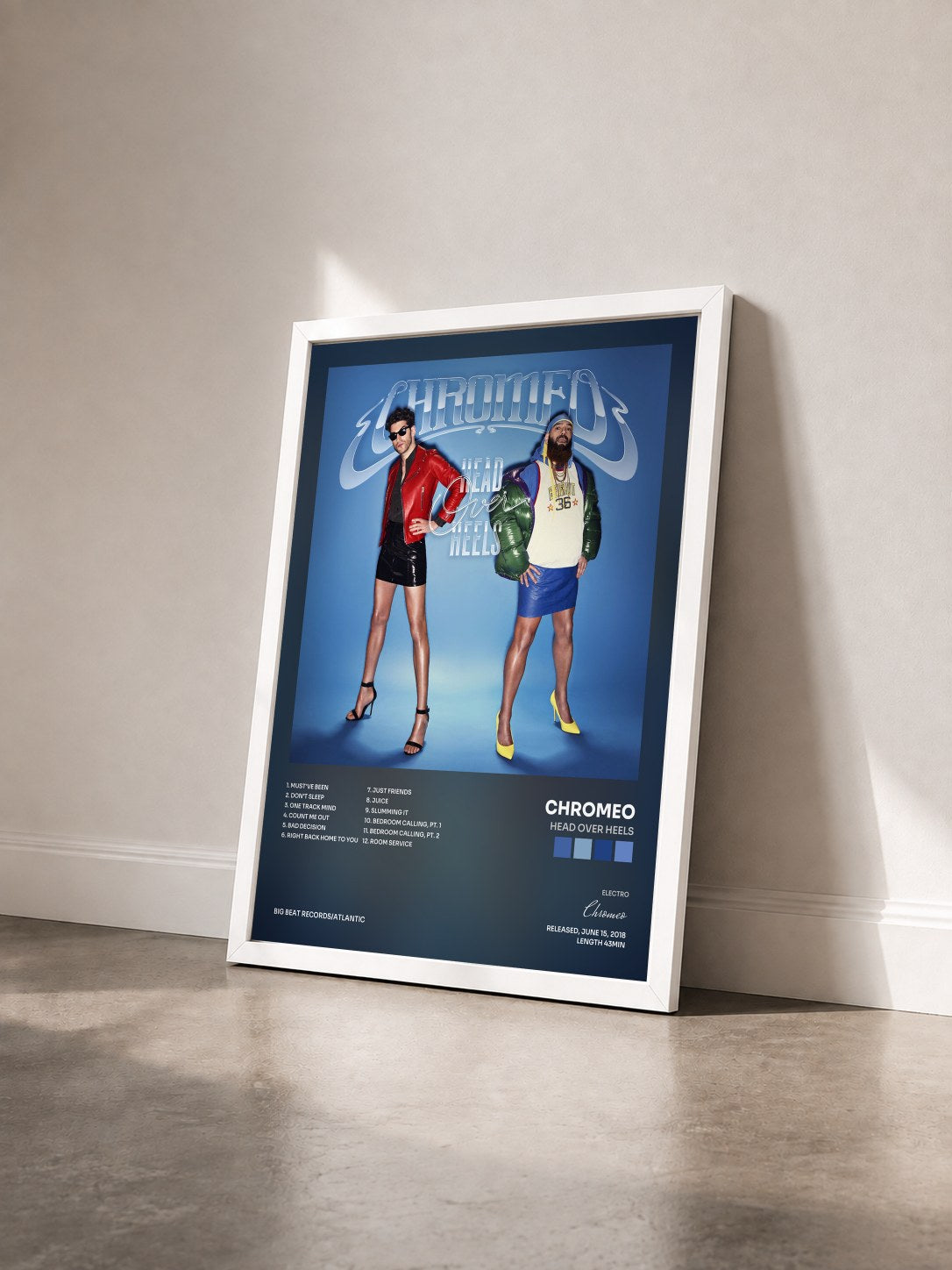 #blanc Tableau de l'album Head Over Heels de Chromeo vu de trois quarts, cadre blanc