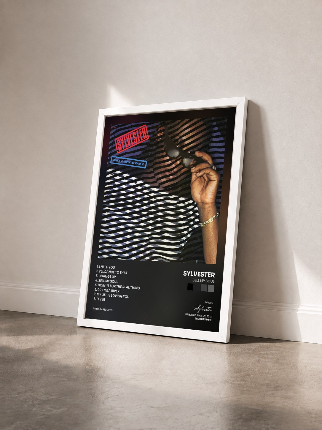 #blanc Tableau de l'album Sell My Soul de Sylvester vu de trois quarts, cadre blanc